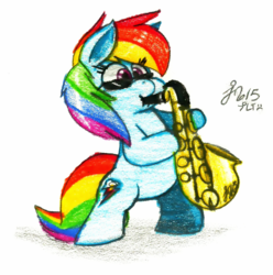 Size: 835x843 | Tagged: safe, artist:jusu-tengu, rainbow dash, pegasus, pony, g4, bipedal, female, mare, musical instrument, saxophone, signature, simple background, solo, sunglasses, white background