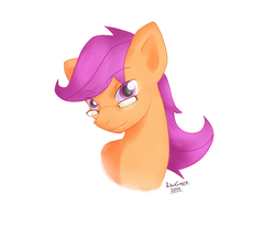 Size: 1041x864 | Tagged: safe, artist:animatorrawgreen, scootaloo, pegasus, pony, g4, bust, female, glasses, lidded eyes, looking at you, older, simple background, smiling, solo, white background