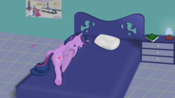 Size: 3840x2160 | Tagged: safe, artist:tiwake, twilight sparkle, alicorn, pony, g4, .svg available, 4k, bed, bedroom, book, detailed, dictionary, dresser, drool, eyes closed, feather, featureless crotch, female, high res, lamp, mare, open mouth, pillow, poster, prone, sleeping, solo, svg, tongue out, twilight sparkle (alicorn), underhoof, vector
