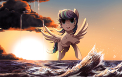 Size: 1250x791 | Tagged: dead source, safe, artist:ruhje, oc, oc only, pegasus, pony, beautiful, city, cloud, commission, female, flying, looking at you, mare, open mouth, pegasus oc, scenery, smiling, solo, spread wings, sun, sunset, water