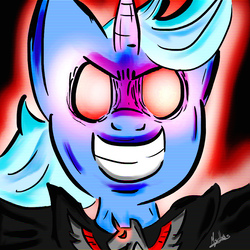 Size: 1000x1000 | Tagged: safe, artist:rickrick-mythos, trixie, pony, unicorn, g4, alicorn amulet, bust, evil smile, female, glowing eyes, grin, portrait, smiling, solo