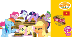 Size: 2321x1200 | Tagged: safe, artist:trungtranhaitrung, applejack, fluttershy, pinkie pie, rainbow dash, rarity, spike, twilight sparkle, alicorn, dragon, pony, g4, banh mi, eating, food, logo, made in vietnam, mane six, meat, ponies eating meat, sandwich, table, twilight sparkle (alicorn), vietnam, vietnamese