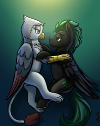 Size: 1114x1405 | Tagged: safe, artist:swiftsketchpone, oc, oc only, oc:glissanda, oc:lightning hunt, griffon, pegasus, pony, couple, cute, glihunt, romance