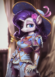 Size: 850x1200 | Tagged: safe, artist:assasinmonkey, rarity, unicorn, anthro, g4, beautiful, belly button, clothes, costume porn, cute, digital painting, eyeshadow, female, fire ruby, flower, flower in hair, hat, lidded eyes, makeup, mare, navel cutout, raribetes, signature, smiling, solo, technically advanced