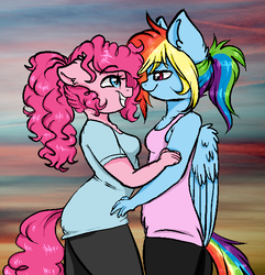 Size: 613x637 | Tagged: safe, artist:moonabelle, pinkie pie, rainbow dash, anthro, g4, alternate hairstyle, clothes, female, lesbian, ponytail, ship:pinkiedash, shipping, shirt, size difference