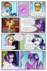 Size: 1024x1536 | Tagged: safe, artist:yogfan, applejack, fluttershy, rainbow dash, rarity, starlight glimmer, sunset shimmer, twilight sparkle, alicorn, pony, comic:but i do now, g4, comic, hair, magic, misspelling, twilight sparkle (alicorn)