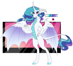 Size: 1776x1612 | Tagged: safe, artist:mythpony, oc, oc only, dracony, hybrid, pony, bipedal, female, hybrid wings, magical lesbian spawn, offspring, parent:princess celestia, parent:princess ember, parents:emberlestia, reference sheet, solo