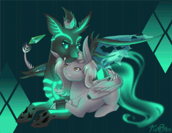 Size: 792x612 | Tagged: safe, artist:katotter, oc, oc only, changeling, pegasus, pony, animated, cuddling, gif, glowing, snuggling