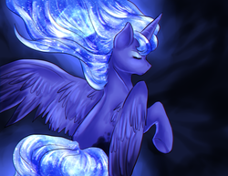 Size: 1414x1090 | Tagged: safe, artist:not-ordinary-pony, princess luna, alicorn, pony, g4, eyes closed, female, glowing mane, mare, missing accessory, raised hoof, rear view, solo, spread wings