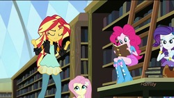 Size: 1280x720 | Tagged: safe, screencap, fluttershy, pinkie pie, rarity, sunset shimmer, equestria girls, g4, my little pony equestria girls: friendship games, book, boots, clothes, discovery family logo, female, high heel boots, jacket, jewelry, ladder, leather jacket, library, mirror, skirt