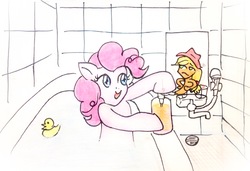 Size: 2336x1600 | Tagged: dead source, safe, artist:tanishi194, applejack, pinkie pie, g4, bath, shampoo, wat