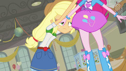 Size: 1280x720 | Tagged: safe, screencap, applejack, pinkie pie, equestria girls, g4, my little pony equestria girls, apple cider, applejack's skirt, balloon, basketball net, boots, bracelet, clothes, disco ball, female, high heel boots, jewelry, legs, paraskirt, pictures of legs, pink skirt, pinkie pie's skirt, skirt, skirt lift