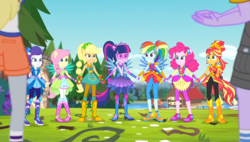 Size: 924x523 | Tagged: safe, screencap, applejack, derpy hooves, fluttershy, microchips, pinkie pie, rainbow dash, rarity, sci-twi, sunset shimmer, twilight sparkle, equestria girls, g4, my little pony equestria girls: legend of everfree, balloon, boots, camp everfree outfits, clothes, cowboy boots, crystal guardian, crystal wings, glasses, high heel boots, humane five, humane seven, humane six, jewelry, legs, looking at you, mane six, ponied up, ponytail, shoes, sleeveless, smiling, sneakers, socks, sparkles, sun, super ponied up, wings