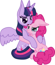 Size: 1042x1233 | Tagged: safe, artist:casanova-mew, pinkie pie, twilight sparkle, alicorn, earth pony, pony, g4, comforting, crying, duo, female, floppy ears, frown, hug, lesbian, lidded eyes, male, mare, open mouth, pinkie cry, sad, ship:twinkie, shipping, simple background, sitting, spread wings, transparent background, twilight sparkle (alicorn), when she doesn't smile