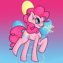 Size: 800x800 | Tagged: safe, artist:bloody--baliey, pinkie pie, earth pony, pony, g4, colored pupils, cutie mark, cutie mark background, ear fluff, female, gradient background, one eye closed, raised hoof, raised leg, signature, smiling, solo, wink