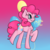 Size: 800x800 | Tagged: safe, artist:bloody--baliey, pinkie pie, earth pony, pony, g4, colored pupils, cutie mark, cutie mark background, ear fluff, female, gradient background, one eye closed, raised hoof, raised leg, signature, smiling, solo, wink