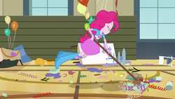 Size: 1920x1080 | Tagged: safe, screencap, pinkie pie, equestria girls, g4, my little pony equestria girls, balloon, boots, bracelet, broom, chair, clothes, cup, female, high heel boots, jewelry, jumping, pumpkin, skirt, solo, table