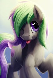 Size: 1024x1508 | Tagged: safe, artist:camyllea, oc, oc only, oc:grape grass, earth pony, pony, female, mare, one eye closed, raised hoof, solo, tongue out, wink