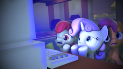 Size: 3840x2160 | Tagged: safe, artist:viranimation, apple bloom, scootaloo, sweetie belle, g4, 3d, computer, cutie mark crusaders, dark, frightened, high res, scared, source filmmaker