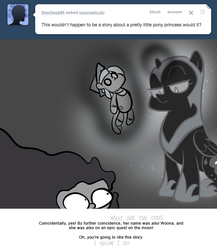 Size: 666x768 | Tagged: safe, artist:egophiliac, nightmare moon, princess luna, the smooze, slime monster, moonstuck, g1, g4, ask, bondage, cartographer's cap, dark woona, doll, encasement, female, filly, grayscale, hat, magic, monochrome, nightmare woon, plushie, sitting, toy, tumblr, woona, woonoggles, younger