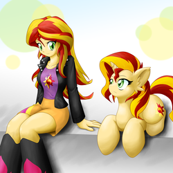 Size: 2000x2000 | Tagged: safe, artist:ragurimo, sunset shimmer, human, pony, unicorn, equestria girls, g4, clothes, cute, high res, human ponidox, looking at each other, prone, self ponidox, shimmerbetes, simple background, sitting, wrong eye color