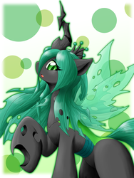 Size: 1500x2000 | Tagged: safe, artist:ragurimo, queen chrysalis, changeling, changeling queen, g4, eyeshadow, female, green changeling, looking at you, makeup, raised hoof, solo