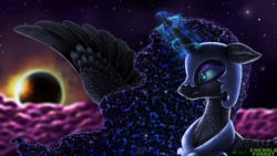 Size: 2560x1440 | Tagged: safe, artist:emeraldparrot, nightmare moon, alicorn, pony, g4, cloud, detailed, eclipse, female, floppy ears, fluffy, gritted teeth, magic, solar eclipse, solo, stars, wallpaper