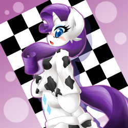 Size: 2000x2000 | Tagged: safe, artist:ragurimo, rarity, pony, semi-anthro, g4, blushing, bottomless, clothes, covering, cowprint, eyeshadow, female, high res, looking at you, looking back, makeup, partial nudity, solo