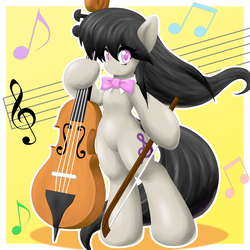 Size: 2000x2000 | Tagged: safe, artist:ragurimo, octavia melody, pony, semi-anthro, g4, abstract background, bipedal, bow, bowtie, cello, female, looking at you, music notes, musical instrument, smiling, solo, standing