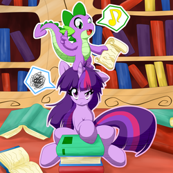 Size: 2000x2000 | Tagged: safe, artist:ragurimo, spike, twilight sparkle, dragon, pony, unicorn, g4, annoyed, bed mane, book, dragon hat, dragons riding ponies, duo, fangs, female, golden oaks library, letter, looking up, mare, messy mane, music notes, open mouth, raised eyebrow, riding, singing, sitting, speech bubble, spike riding twilight, thought bubble, unicorn twilight