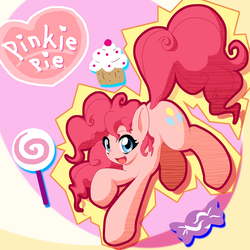 Size: 2000x2000 | Tagged: safe, artist:ragurimo, pinkie pie, pony, g4, candy, cupcake, cute, diapinkes, female, food, heart, lollipop, looking at you, open mouth, raised hoof, smiling, solo