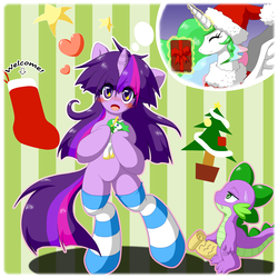Size: 2000x2000 | Tagged: safe, artist:ragurimo, princess celestia, spike, twilight sparkle, dragon, pony, semi-anthro, g4, bipedal, christmas, christmas stocking, christmas tree, clothes, costume, cute, eyes closed, glowing horn, hat, heart, horn, letter, magic, merry christmas, open mouth, pixiv, present, santa costume, santa hat, smiling, socks, standing, stockings, striped socks, thigh highs, thought bubble, tree, twiabetes