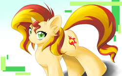 Size: 2000x1250 | Tagged: safe, artist:ragurimo, sunset shimmer, pony, g4, cute, female, green eyes, looking at you, shimmerbetes, smiling, solo, wrong eye color