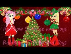 Size: 480x360 | Tagged: artist needed, safe, applejack, fluttershy, equestria girls, g4, bell, boots, candy, candy cane, christmas, christmas tree, clothes, cowboy boots, cute, food, high heel boots, holly, ornament, present, scarf, sparkles, tree