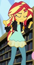 Size: 324x622 | Tagged: safe, screencap, fluttershy, sunset shimmer, equestria girls, g4, my little pony equestria girls: friendship games, book, clothes, cropped, female, jacket, leather jacket, library, solo