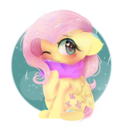 Size: 1256x1256 | Tagged: safe, artist:windymils, fluttershy, g4, blushing, clothes, cute, female, heart eyes, scarf, shyabetes, sitting, solo, wingding eyes