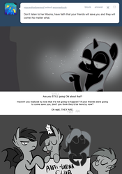 Size: 666x950 | Tagged: safe, artist:egophiliac, nightmare moon, princess luna, oc, oc:danger mcsteele, oc:frolicsome meadowlark, oc:imogen, oc:pebbl, oc:sunshine smiles (egophiliac), bat pony, changeling, changeling queen, pony, sea pony, moonstuck, g4, ask, changeling queen oc, dark woona, female, filly, grayscale, monochrome, moon roc, nightmare woon, sign, tongue out, tumblr, woona, younger