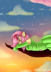 Size: 2700x3800 | Tagged: safe, artist:al4ri, fluttershy, anthro, g4, cherry blossoms, clothes, cloud, eyes closed, female, flower, flower blossom, high res, prone, shirt, skirt, solo, stars, tree branch, twilight (astronomy)