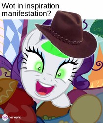 Size: 646x768 | Tagged: safe, screencap, rarity, g4, inspiration manifestation, corrupted, cowboy hat, female, green eyes, hat, inspirarity, meme, possessed, solo, stetson, text, what in tarnation
