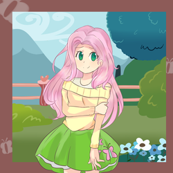 Size: 1400x1400 | Tagged: safe, artist:chocomiru02, fluttershy, equestria girls, g4, clothes, cute, female, fence, fluttershy's skirt, human coloration, skirt, solo, sweater, sweatershy, tank top