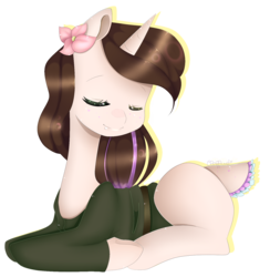 Size: 1511x1548 | Tagged: safe, artist:clefficia, oc, oc only, oc:pastel, deer pony, hybrid, original species, pony, unicorn, art trade, clothes, eyes closed, female, flower, flower in hair, mare, prone, simple background, smiling, solo, transparent background