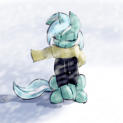 Size: 1200x1200 | Tagged: safe, artist:hardbrony, lyra heartstrings, pony, unicorn, fanfic:background pony, g4, clothes, coat, dig the swell hoodie, eyes closed, female, hoodie, scarf, signature, sitting, smiling, snow, snowfall, solo, winter outfit