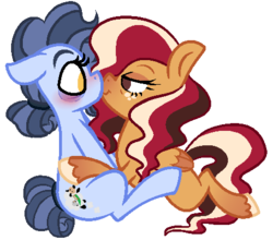 Size: 467x411 | Tagged: safe, artist:sugahfox, oc, oc only, oc:raspberry cocoa, oc:rock-a-bye, earth pony, pegasus, pony, blushing, duo, female, kiss on the lips, kissing, mare, simple background, transparent background