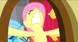 Size: 1360x730 | Tagged: safe, screencap, fluttershy, rainbow dash, pegasus, pony, dragon quest, g4, eyes closed, fluttershy's cottage, gritted teeth, pushing