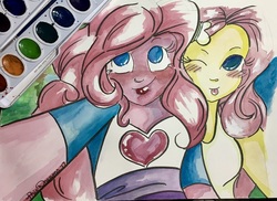 Size: 800x582 | Tagged: safe, artist:prisdreamsbravely, fluttershy, pinkie pie, equestria girls, g4, blushing, one eye closed, selfie, tongue out, traditional art, watercolor painting, wink