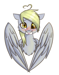Size: 2200x2800 | Tagged: safe, artist:midnightedecho, derpy hooves, pegasus, pony, blushing, bust, chest fluff, cute, derpabetes, female, floppy ears, high res, letter, looking at you, mare, mouth hold, simple background, solo, spread wings, transparent background
