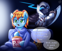 Size: 1832x1500 | Tagged: safe, artist:vavacung, oc, oc only, changeling, earth pony, pony, assassin's creed, blade, blanket, changeling oc, couch, crossover, dialogue, don't give a buck, female, food, imminent death, mare, patreon reward, popcorn, speech bubble, stoic, zero fucks given