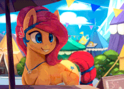 Size: 750x537 | Tagged: safe, artist:rodrigues404, oc, oc only, oc:bloom flower, crystal pony, pony, animated, cinemagraph, cloud, commission, crystal fair con, female, gif, jewelry, mare, necklace, shade, sky, smiling, solo