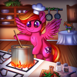 Size: 1000x1000 | Tagged: safe, artist:confetticakez, oc, oc only, oc:samantha shine, pegasus, pony, commission, cooking, cute, female, filly, flying, food, kitchen, ocbetes, pan, pepper, pot, salt, smiling, solo, table
