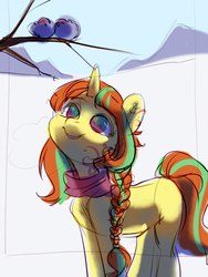 Size: 1623x2160 | Tagged: safe, artist:aphphphphp, oc, oc only, pony, unicorn, braid, clothes, female, mare, scarf, snow, solo
